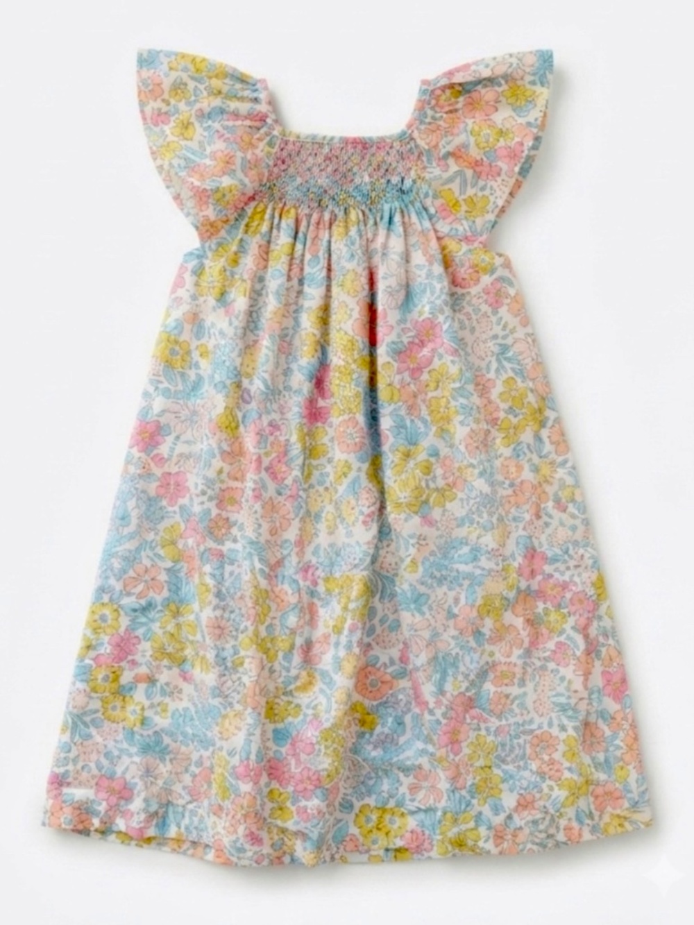 2000s Vintage Floral Smocked Flutter Sleeve Girl Sundress Pastel Summer Dress
